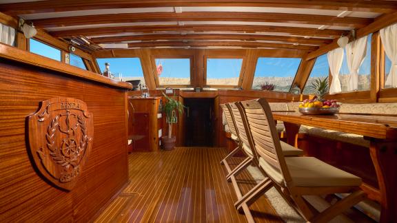 Living room on the Linda gulet. You can see a great view from the windows